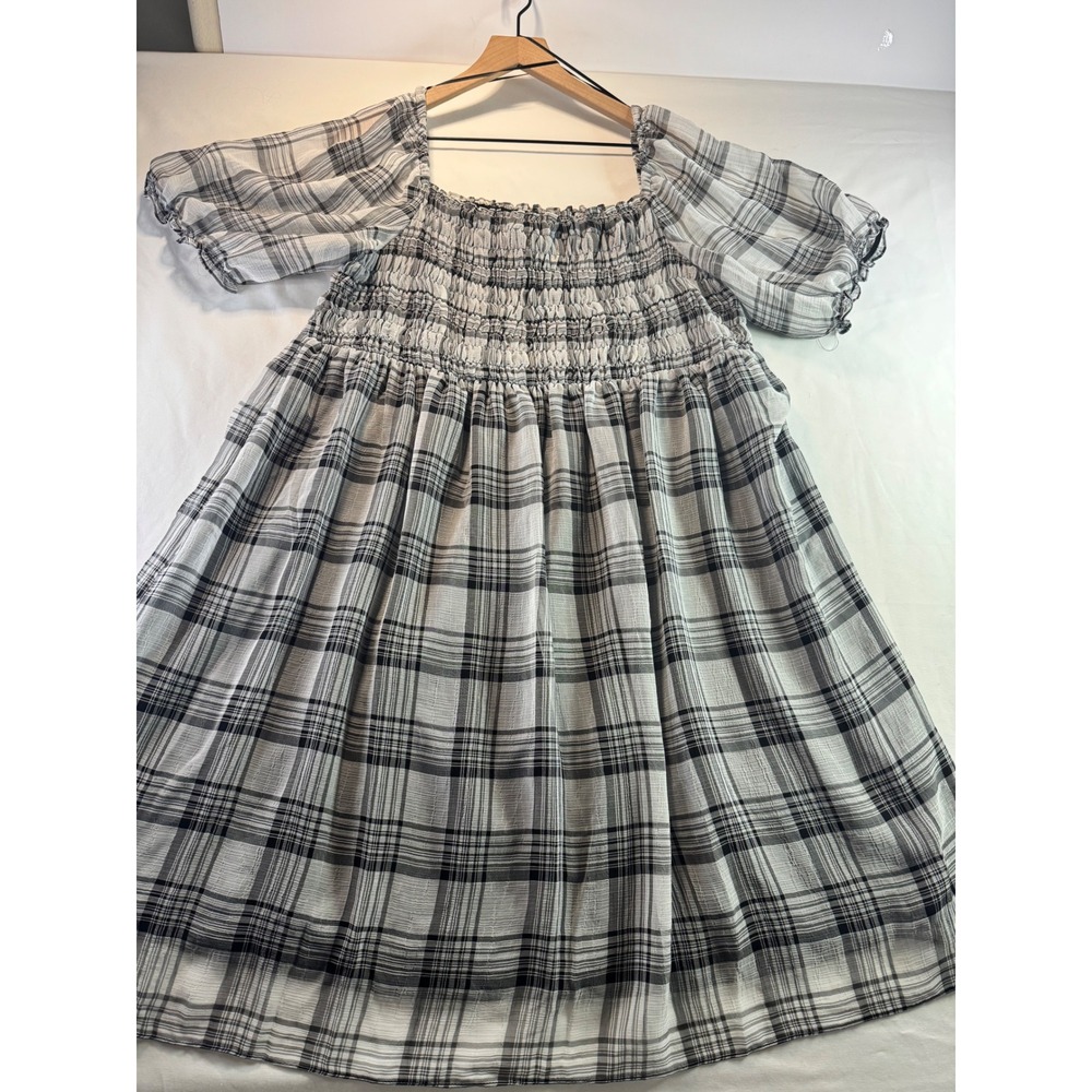 Maison Tara Dress Womens 16W Black White Plaid Smocked Babydoll Puff Sleeve 16W